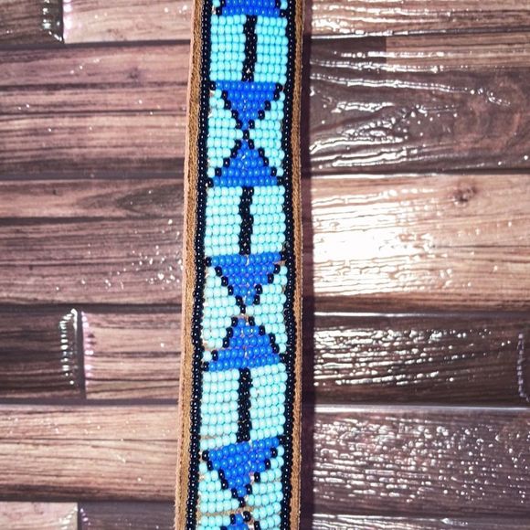 Hand Beaded Leather Belt unisex Small Blue/Black/ Brown - Picture 5 of 12